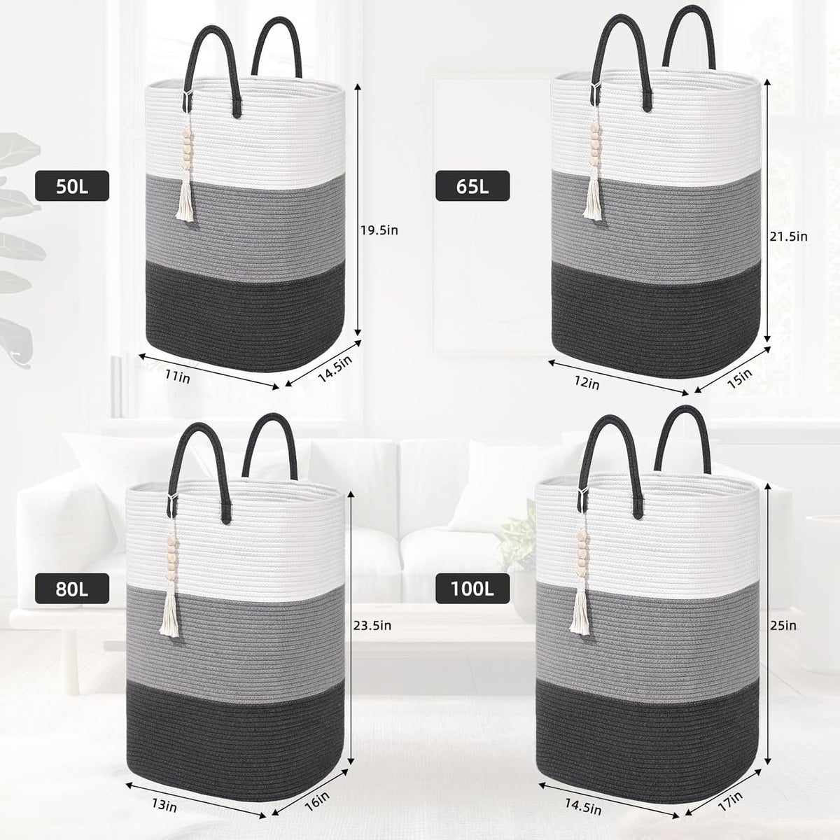 Woven Laundry Basket for Clothes,65 L Large Rectangle Laundry Hampers with Beads Tassel, Nursery