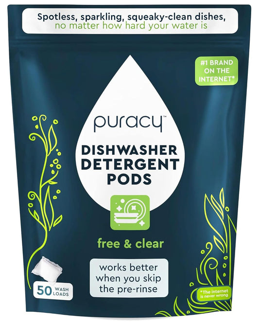 Puracy Dishwasher Pods, Natural Dishwasher Detergent, Free & Clear Dish tabs - Enzyme-Powered, Spot