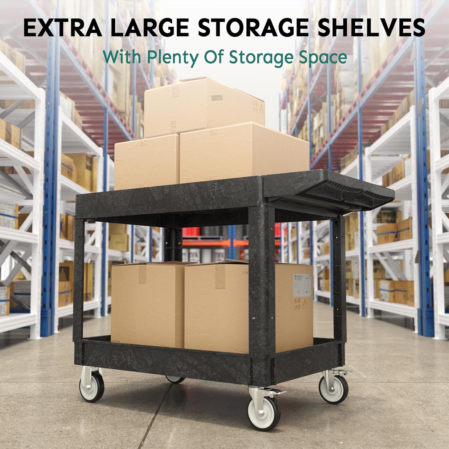 Utility Cart on Wheels, Heavy Duty Large Flat Top Rolling Service Cart, 46 x 25 Inch Work Carts, 2