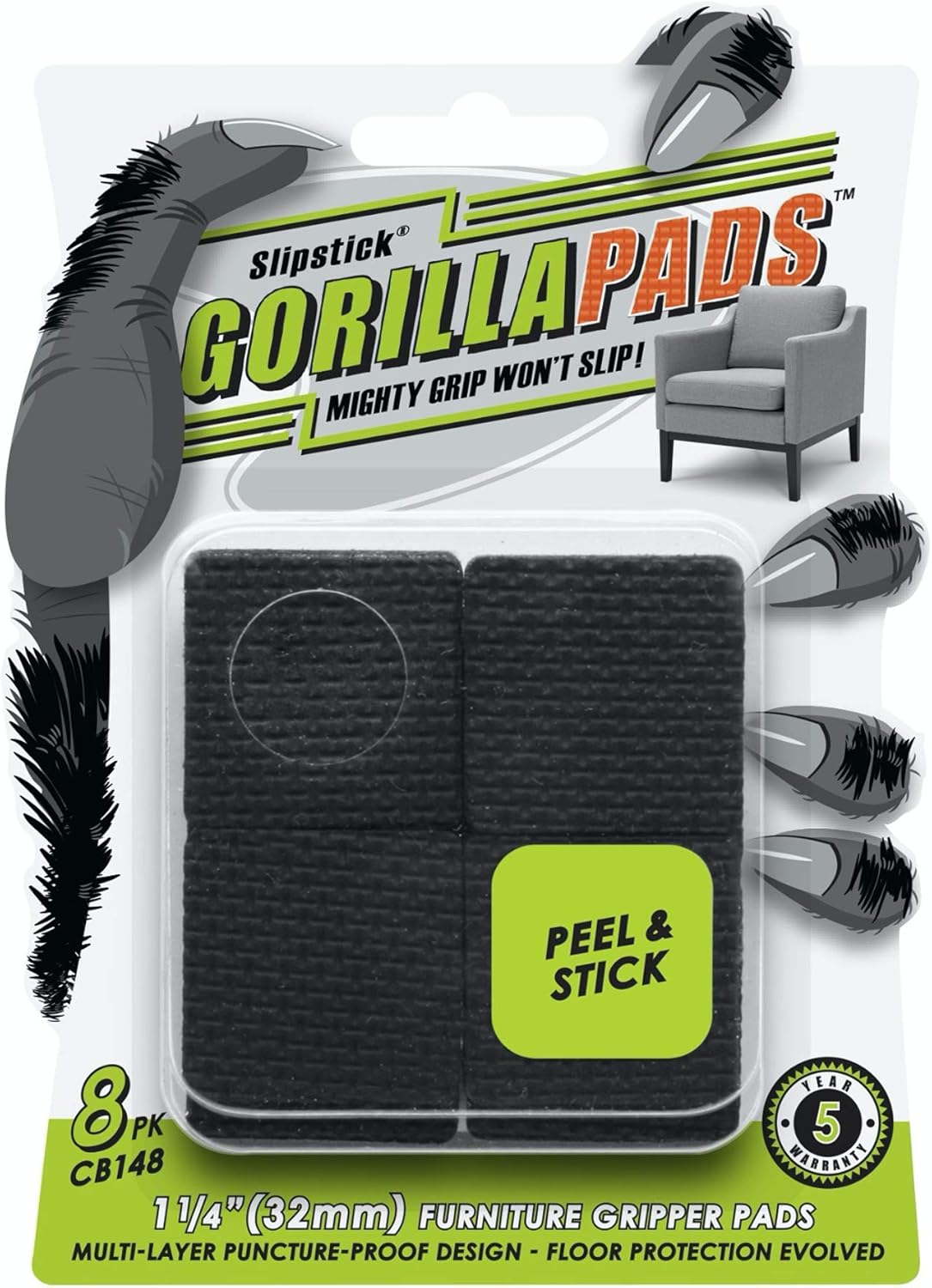 Slipstick GorillaPads CB148 Non Slip Furniture Pads/Rubber Gripper Feet (Set of 8) Self Adhesive