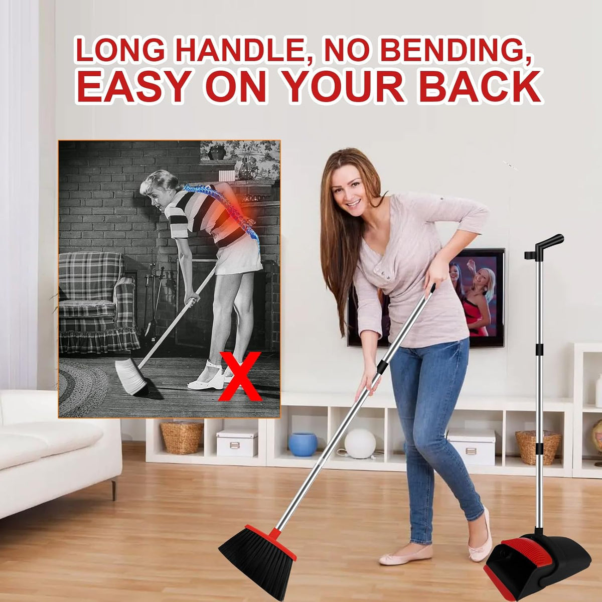 Broom and Dustpan Set for Household, Red Broom with Dustpan Combo Set, 51" Long Handle Dust pan Set