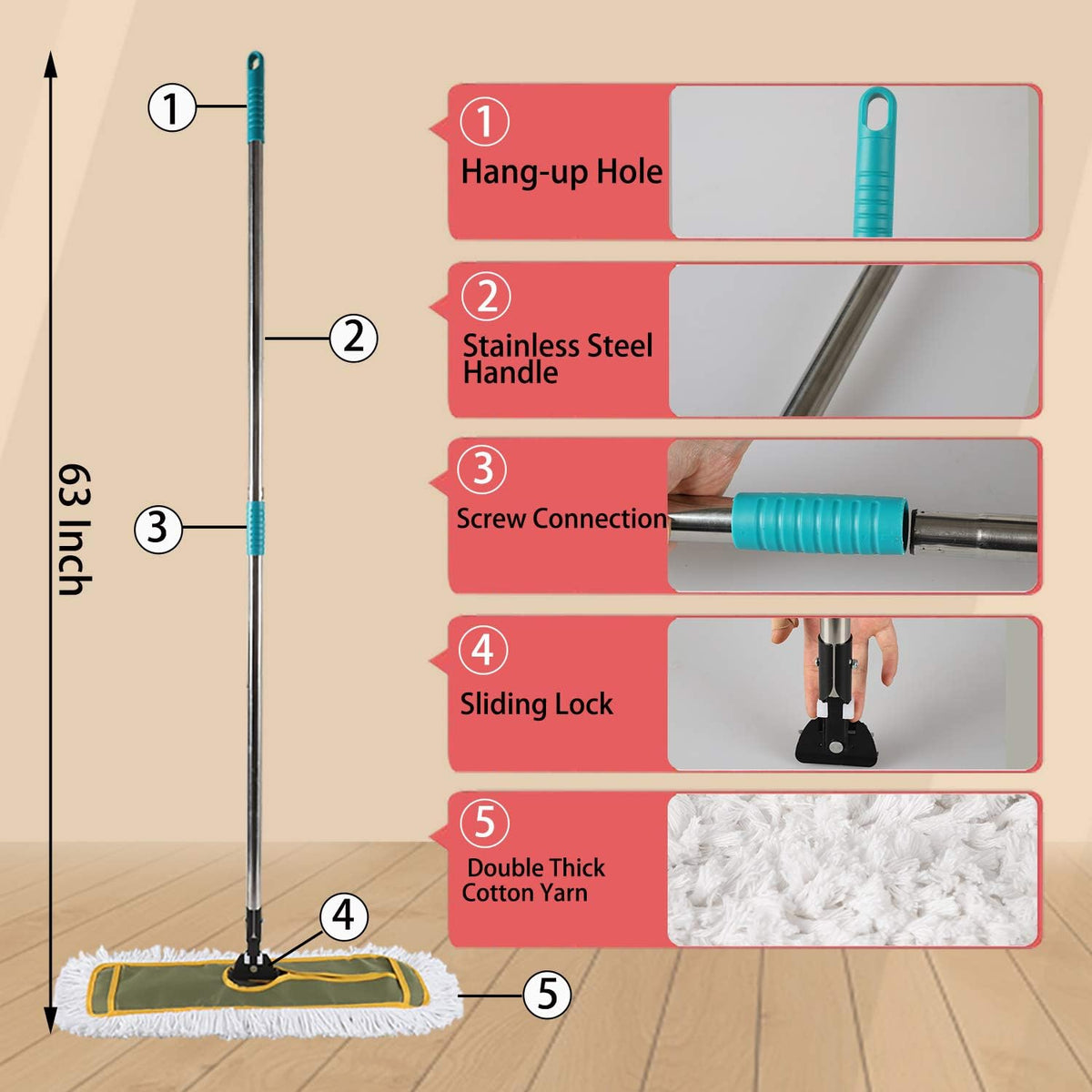 OFO 24inch Industrial Commercial Dust Mop 2 Sets // Heavy Duty Dust Mop // 63inch Length Stainless