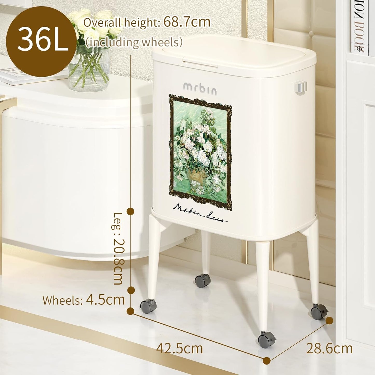 MRBIN Metal Kitchen Trash Can with Wheel Legs, 36L / 9.5gal Medium Press Lid Slim Removable Waste