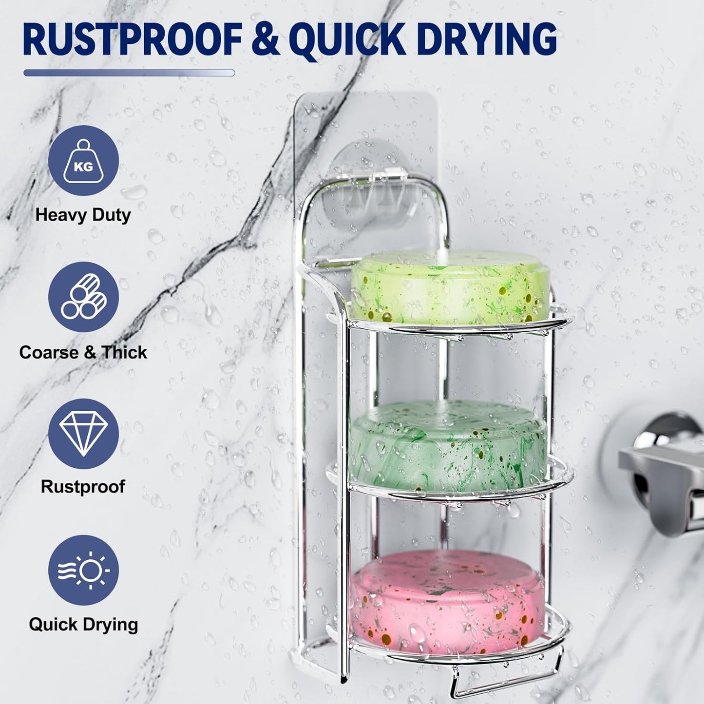 Silver 3-Tier Shower Soap Shampoo Bar Holder, Self Adhesive & Freestanding Draining Soap Dish Caddy