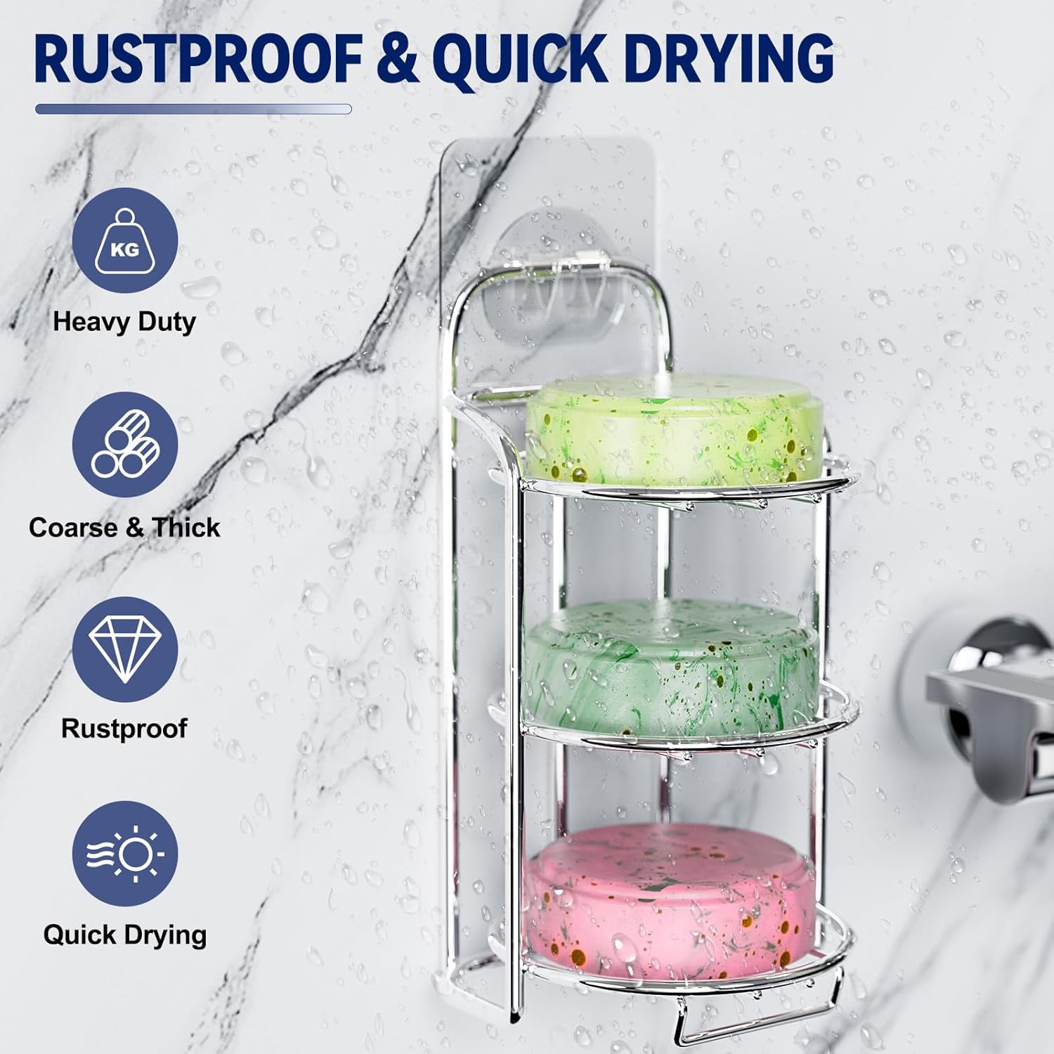 Silver 3-Tier Shower Soap Shampoo Bar Holder, Self Adhesive & Freestanding Draining Soap Dish Caddy