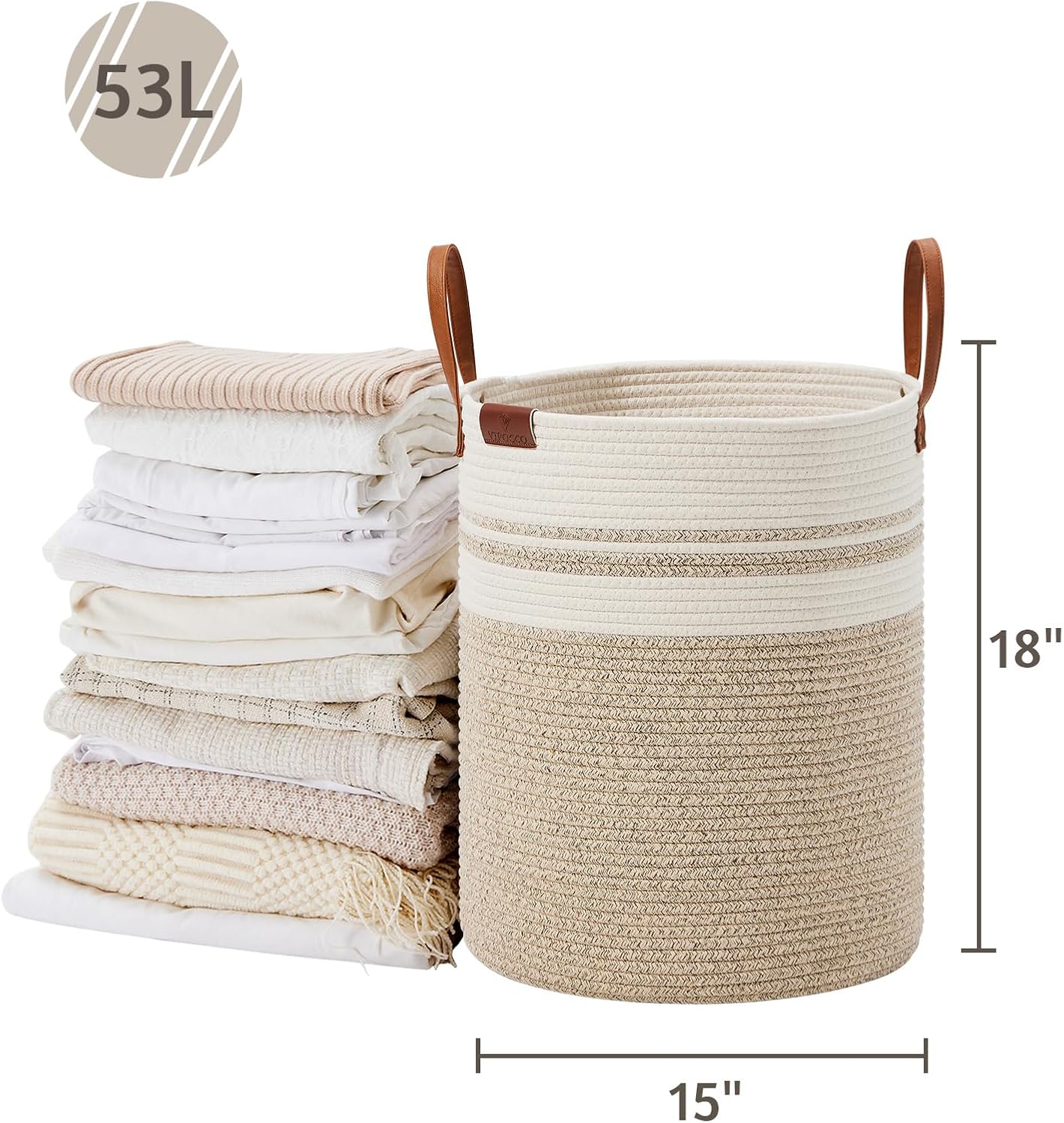 VIPOSCO Tall Laundry Basket, Large Dirty Clothes Hamper with Leather Handle, Woven Rope Storage