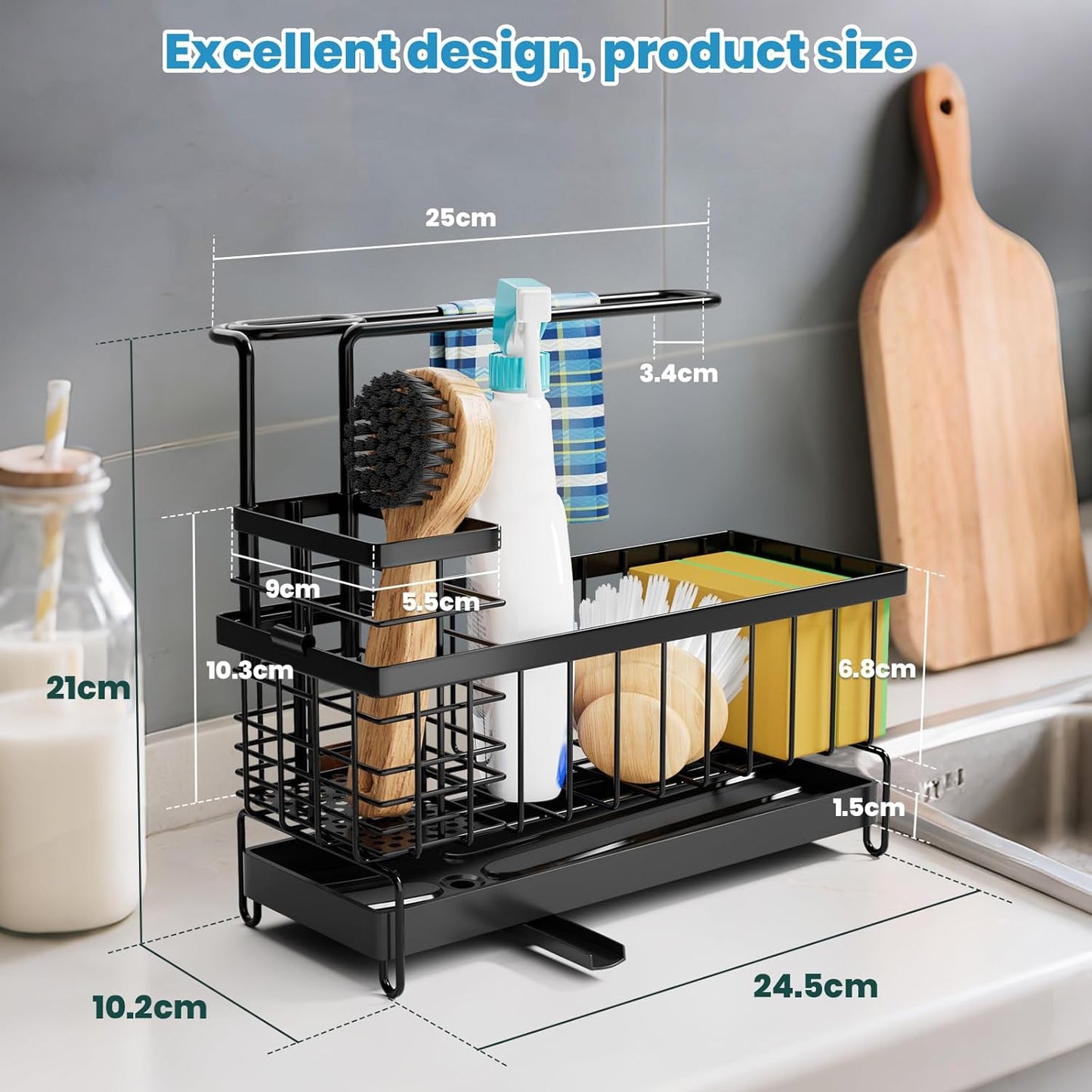 Kitchen Sink Caddy, Sponge Holder with 360 Degree Rotating Drain, Carbon Steel Organizer with High