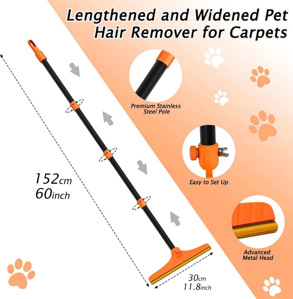 Carpet Rake for Pet Hair Removal - Reusable Pet Hair Remover, 60” Adjustable Long Handle Cat Dog
