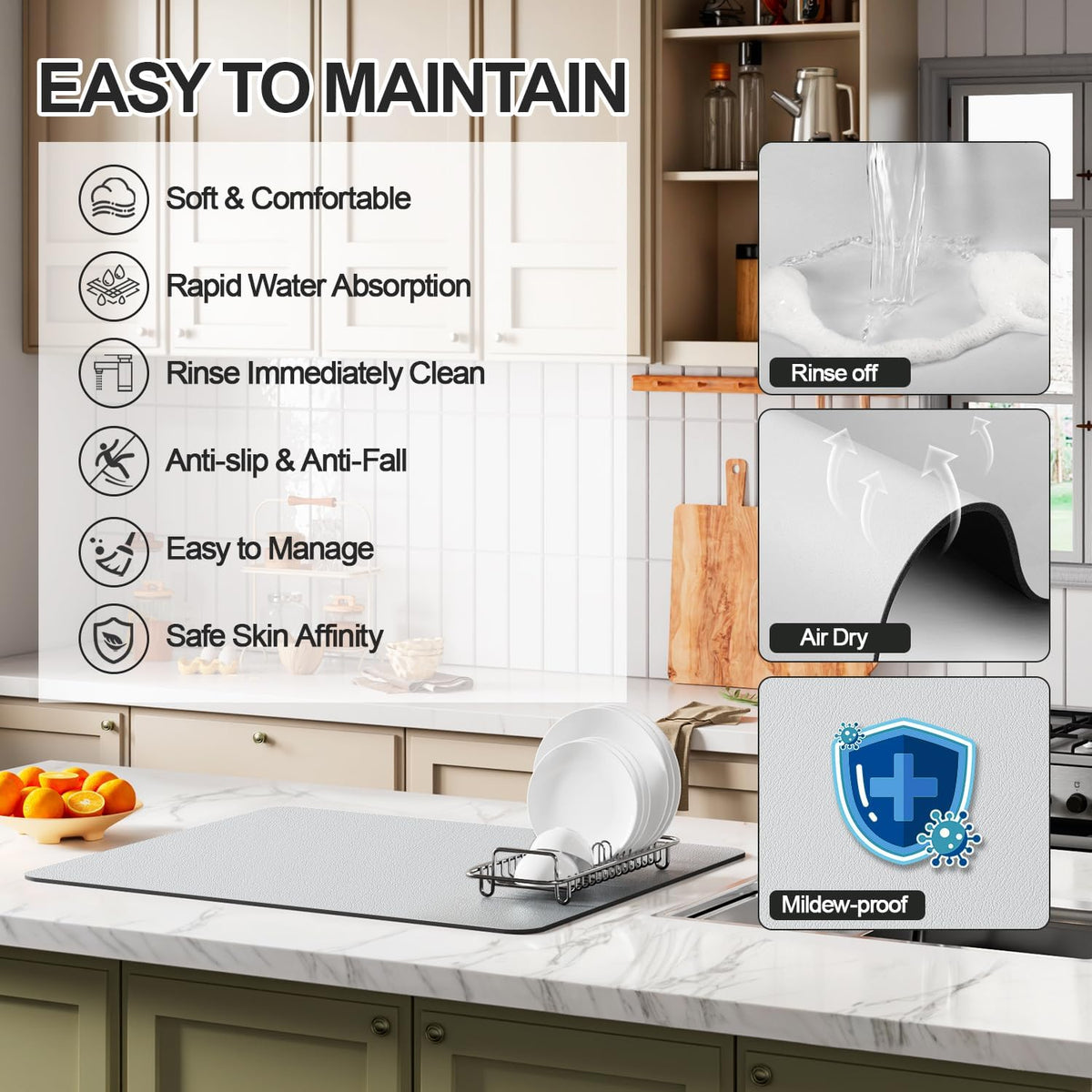 Dish Drying Mat for Kitchen Counter | Coffee Bar Mat for Countertops | Heat Resistant Drainer Mat