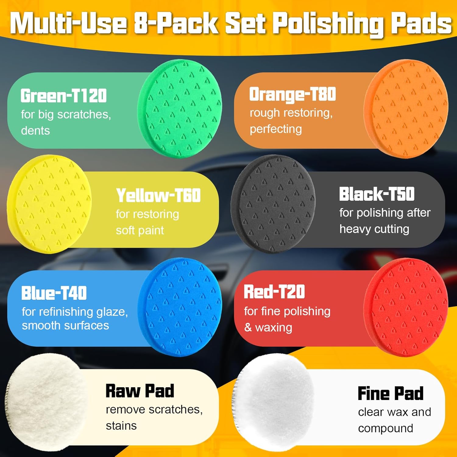 7.5 Inch Buffing Polishing Pads, 8 Pcs Buffing Pads, Car Compound Buffing Sponge Pads and Woolen