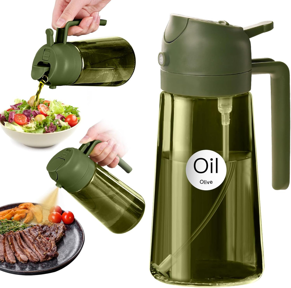 YARRAMATE 16oz/470ml Dark Green Oil Sprayer for Cooking with Stickers, Food-grade Premium 2 in 1