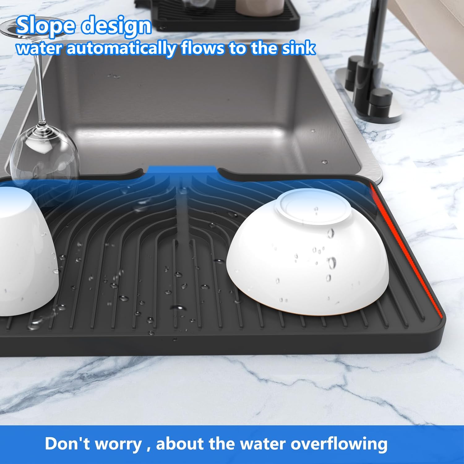 Kitchen Drying Mat for sink with a bulged edge,18"×12"Silicone Dish Drying Mat with built-in Drain