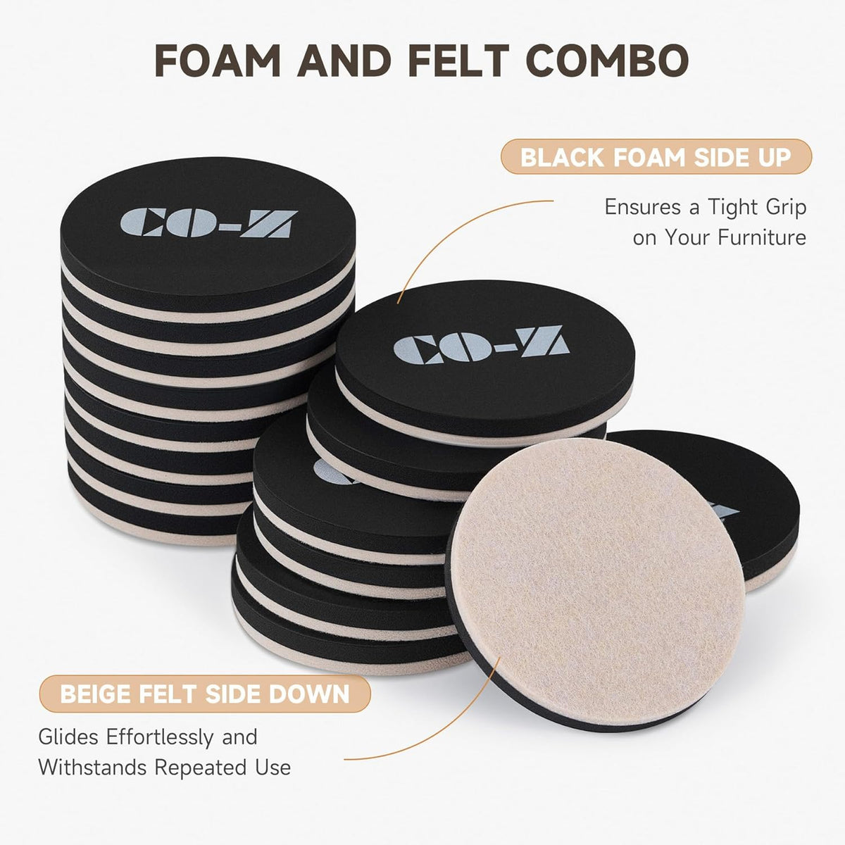CO-Z 16pcs Felt Furniture Sliders for Hardwood Floors, 3 1/2 in Reusable Furniture Pads, Heavy