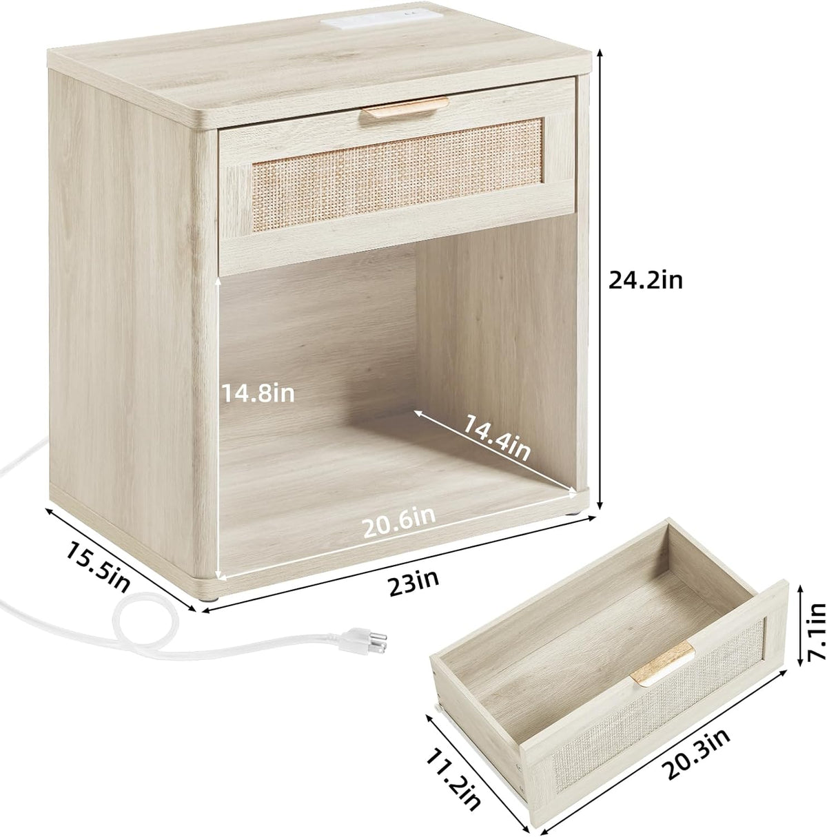 LEYAOYAO Rattan Nightstands Set of 2 with Charging Station, 23" Wide Boho Night Stand with Drawer