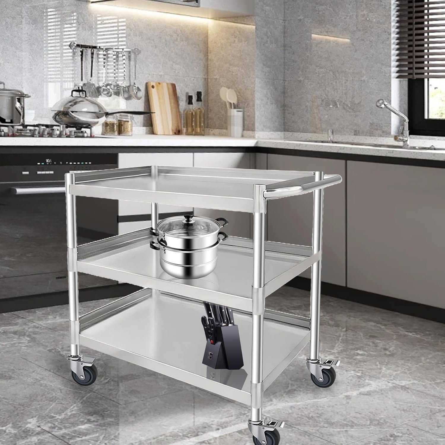 3-Shelf Stainless Steel Rolling Utility Cart - Heavy-Duty Metal Mobile Storage with Handle &