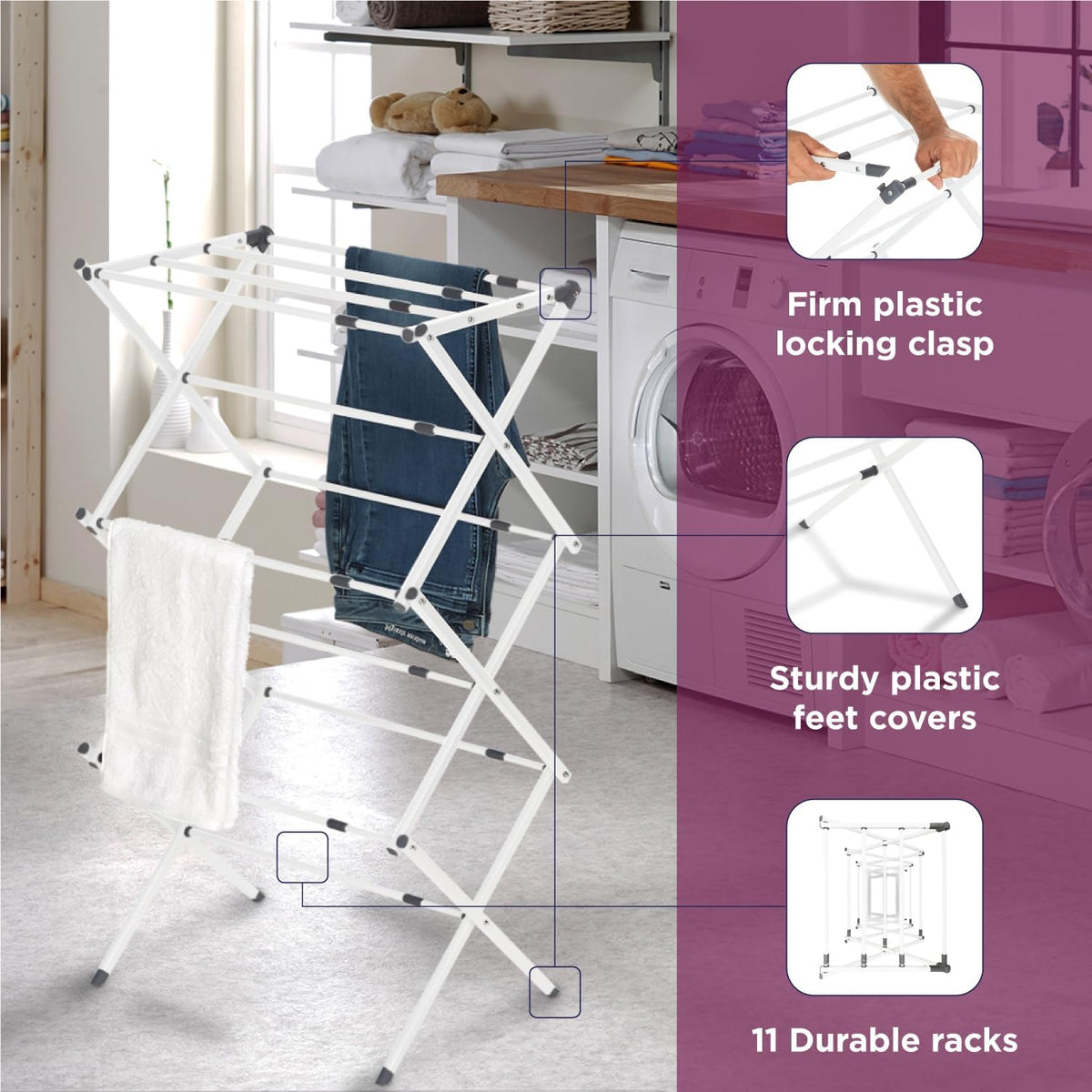 BLACK+DECKER 3 Tier Expandable Collapsing Foldable Laundry Rack for Air Drying Clothing, Space
