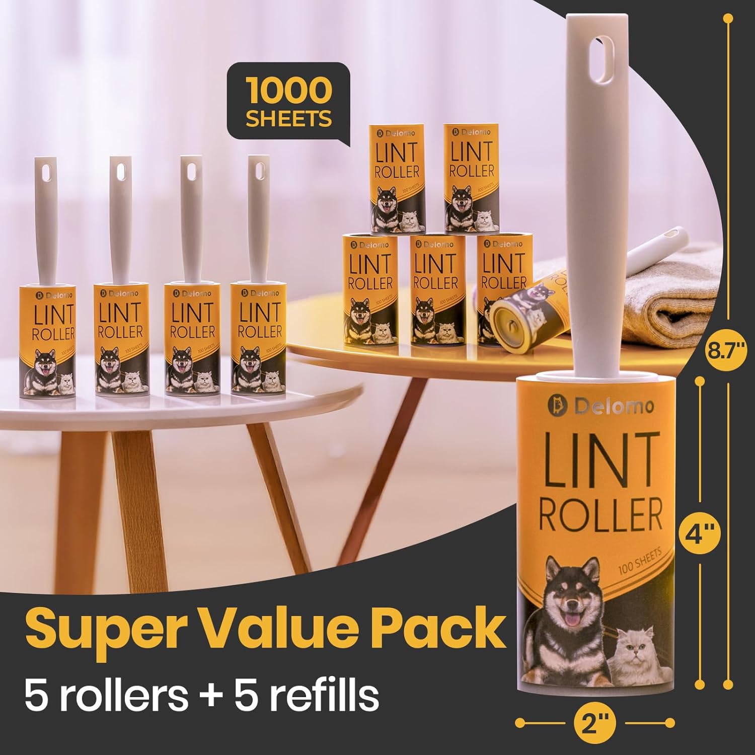 DELOMO Lint Roller 1,000 Sheets (5 Rollers + 5 Refills) - Lint Rollers for Pet Hair Extra Sticky