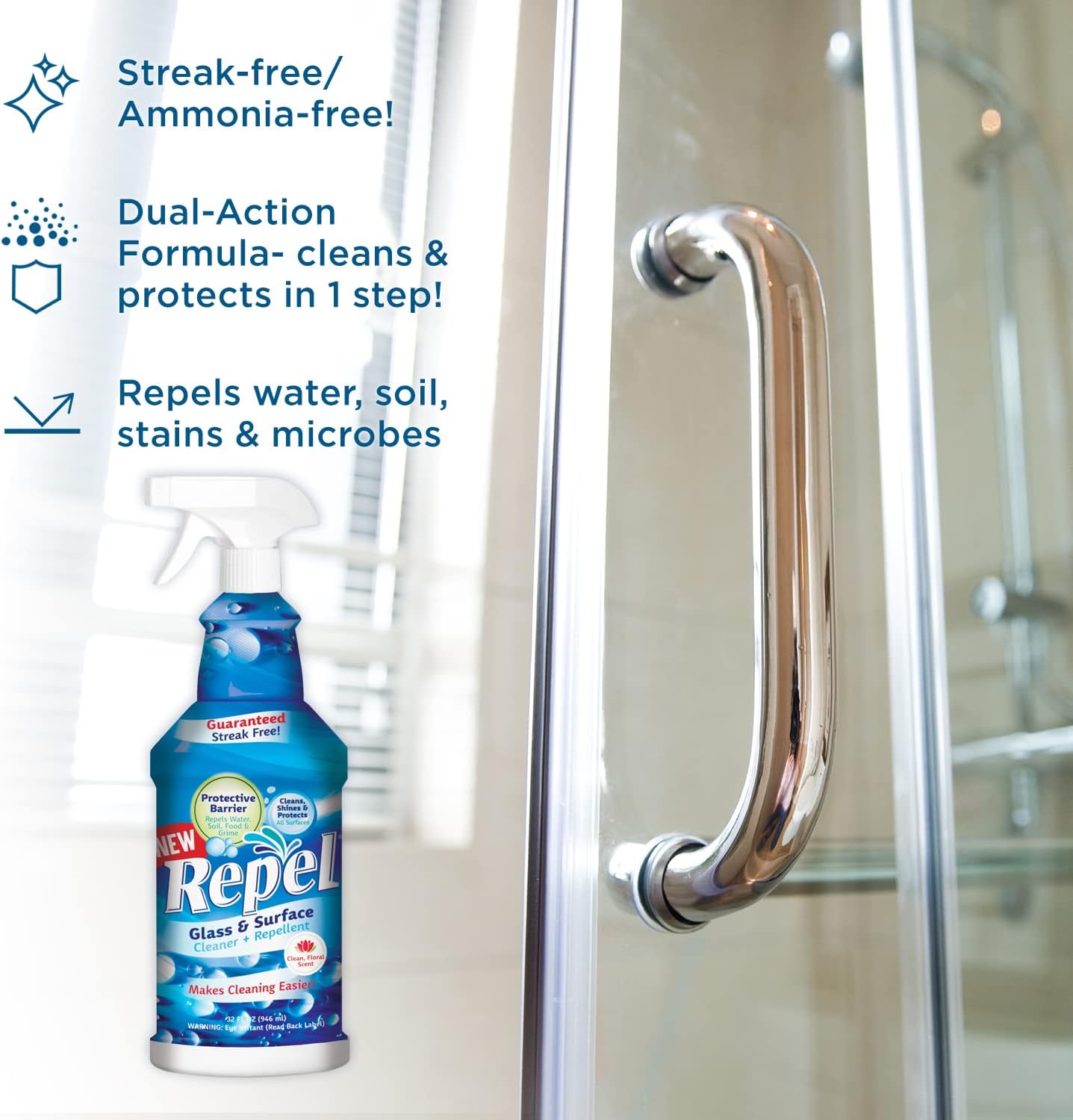 Clean-X REPEL Glass & Surface Cleaner 32 fl. oz. - Cleans & Repels water spots and dirt on glass