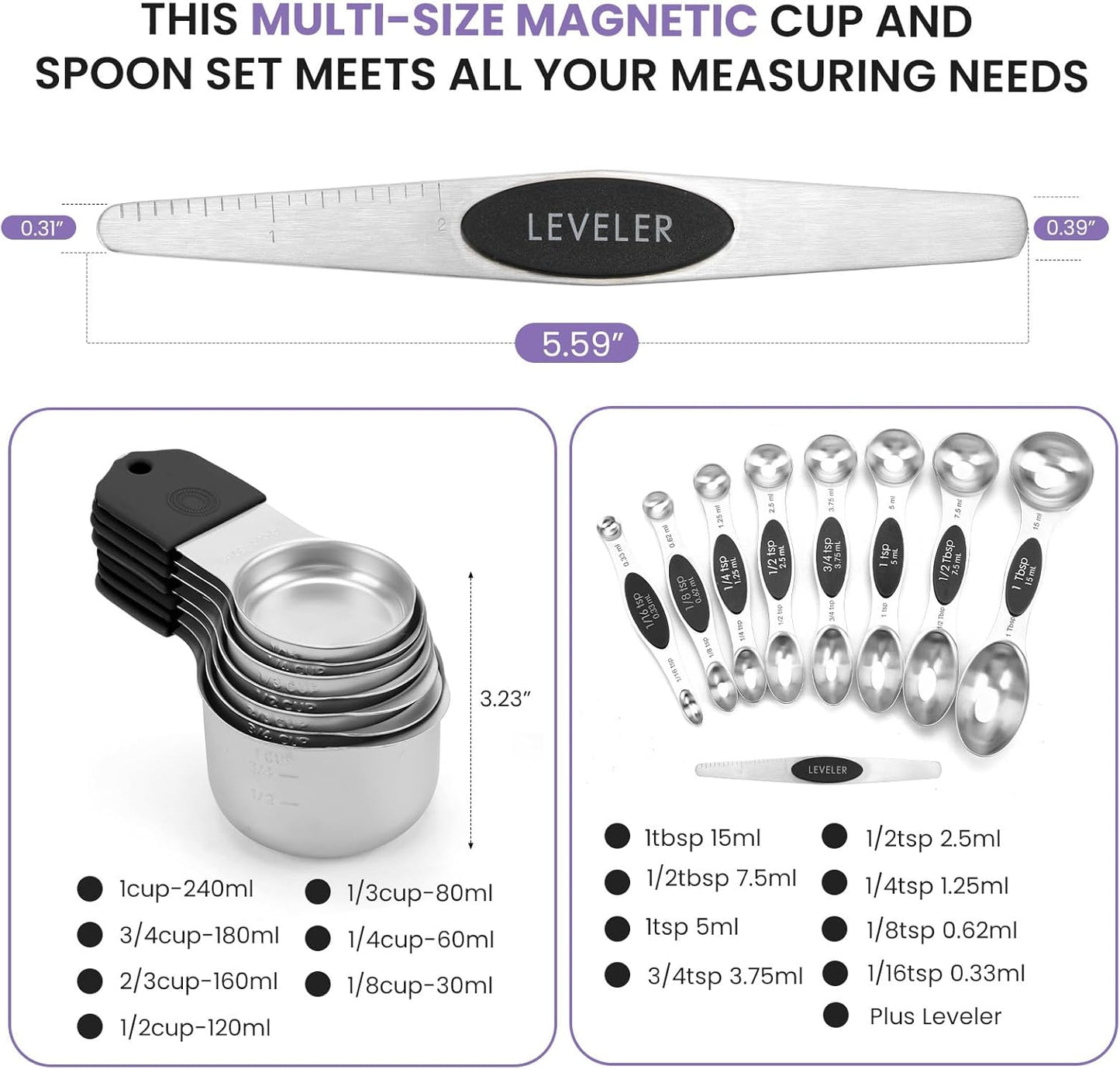 Magnetic Measuring Cups and Spoons Set-Heavy Duty 304 Stainless Steel，Double Measurement
