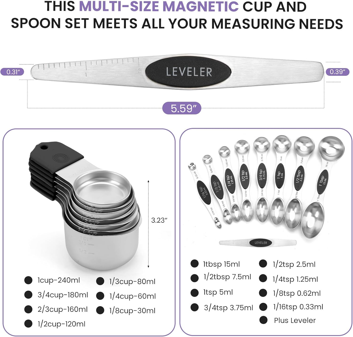 Magnetic Measuring Cups and Spoons Set-Heavy Duty 304 Stainless Steel，Double Measurement