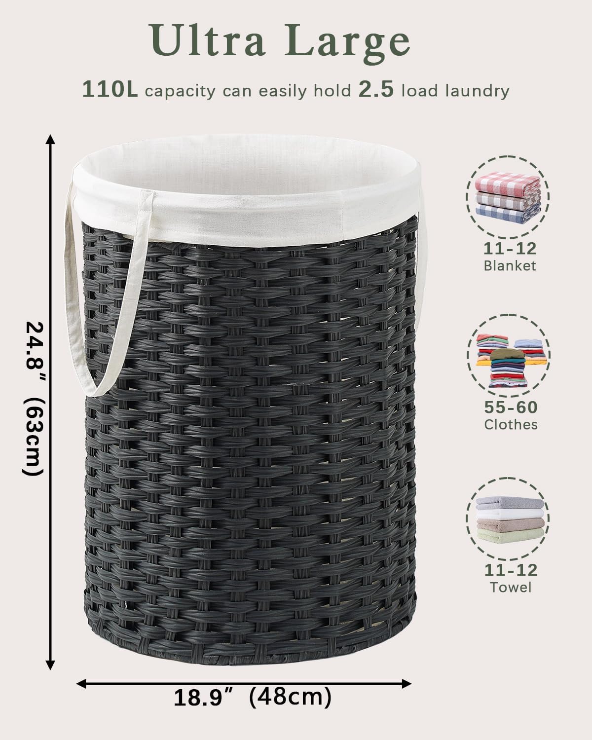 Laundry Basket Round Rattan Laundry Hamper 29.1 Gal (110 L) Handwoven Large Wicker Basket with