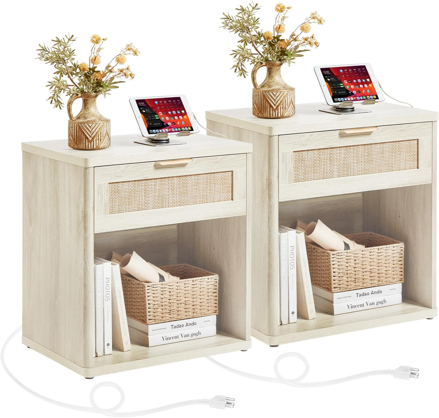 LEYAOYAO Rattan Nightstands Set of 2 with Charging Station, 23" Wide Boho Night Stand with Drawer
