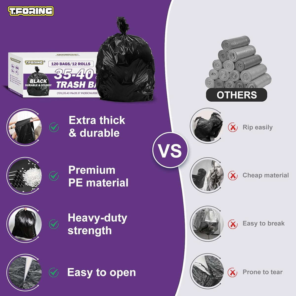 35-40 Gallon Black Trash Bags 120 Count - 35" x 40" Large Garbage Bags, 30+ Gallon Strong Trash Can