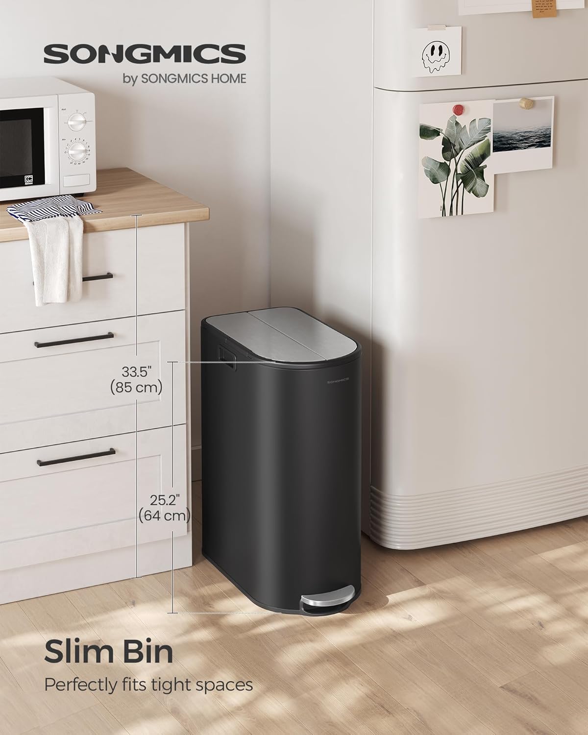 SONGMICS 13-Gallon Dual Kitchen Trash Can, 5.3 and 8 Gallon Compartments, Garbage Can with Wing