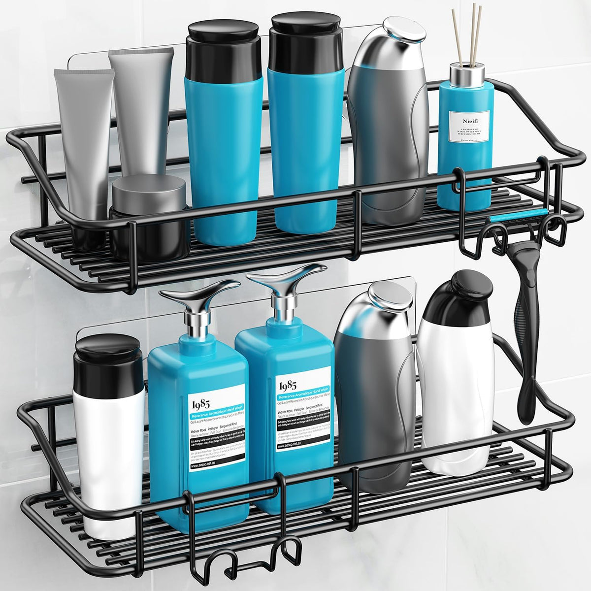 Nieifi Shower Caddy Shelf with Hooks Storage Rack Organizer Adhesive Stainless Steel Without