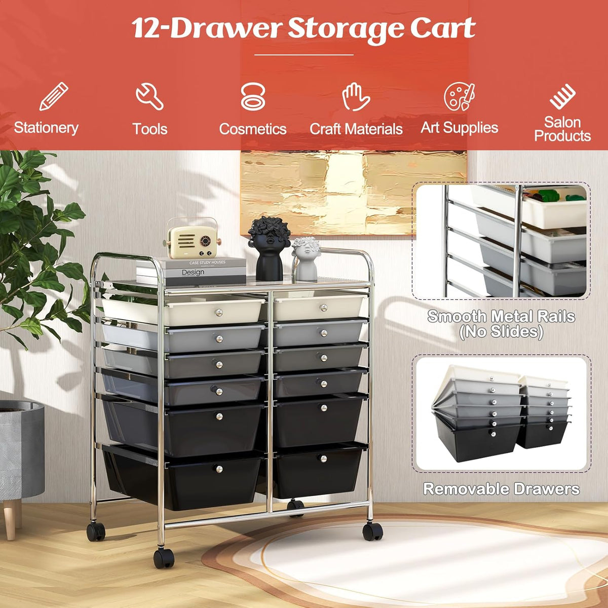 GOFLAME 12-Drawer Rolling Storage Cart, Multipurpose Organizer Cart with 2 Sizes Plastic Drawers