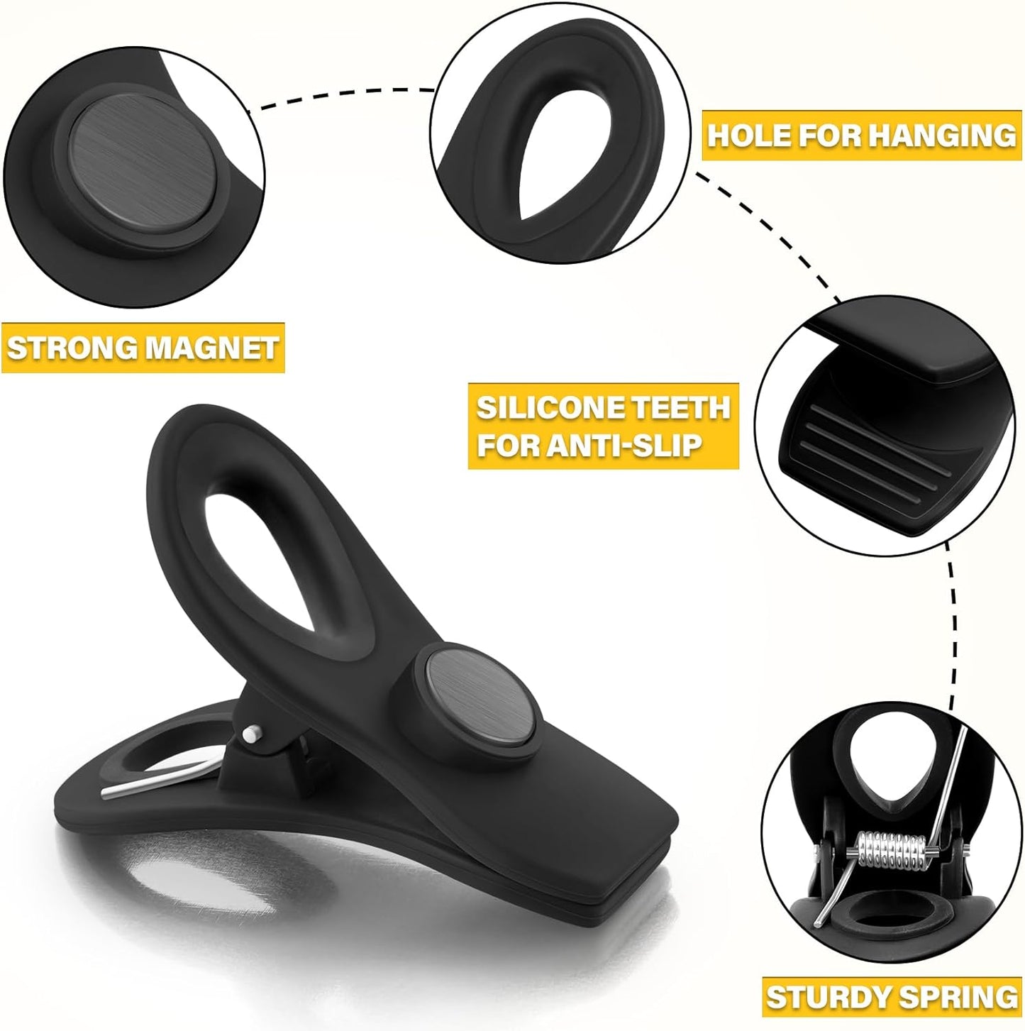 Magnetic Chip Clips, 10 Pack Plastic Bag Clips with Magnet, Black Snack Clips for Food Storage and