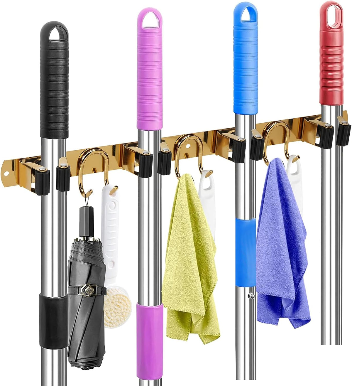 Mop Broom Holder Wall Mount, Gold Stainless Steel Tool Storage Organizer for Kitchen Garden Garage