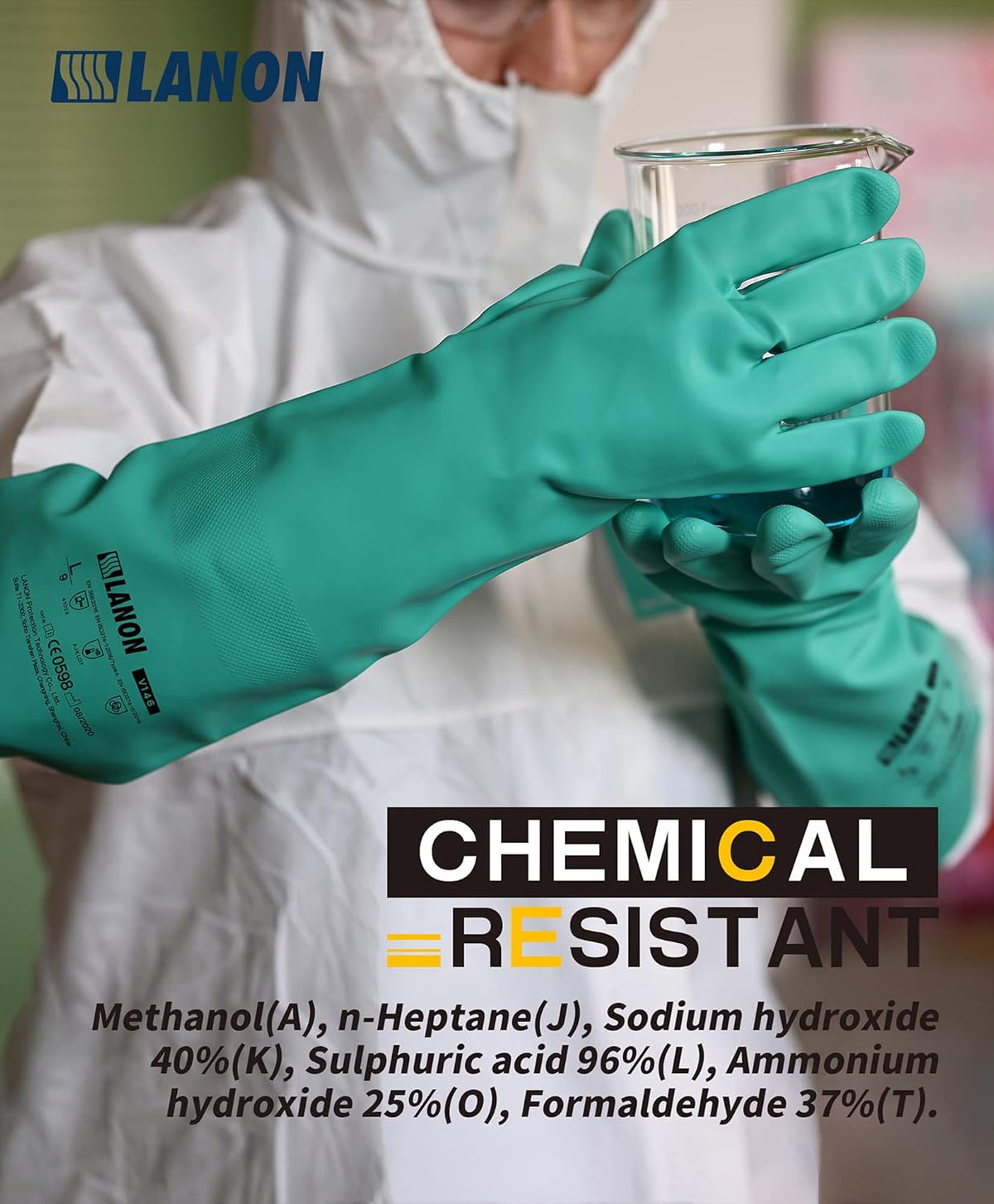 LANON Nitrile Chemical Resistant Gloves, Reusable Heavy Duty Safety Work Gloves, Acid, Alkali and