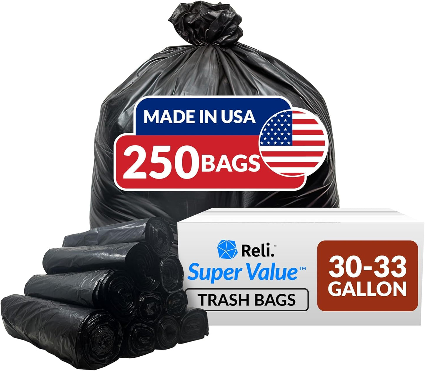 Reli. 30-33 Gallon Trash Bags Heavy Duty | 250 Count Bulk | Black Large Trash Bags 30+, 32 Gallon |