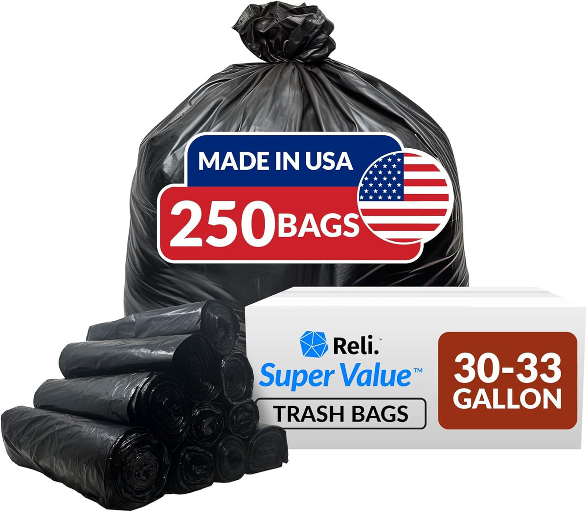 Reli. 30-33 Gallon Trash Bags Heavy Duty | 250 Count Bulk | Black Large Trash Bags 30+, 32 Gallon |