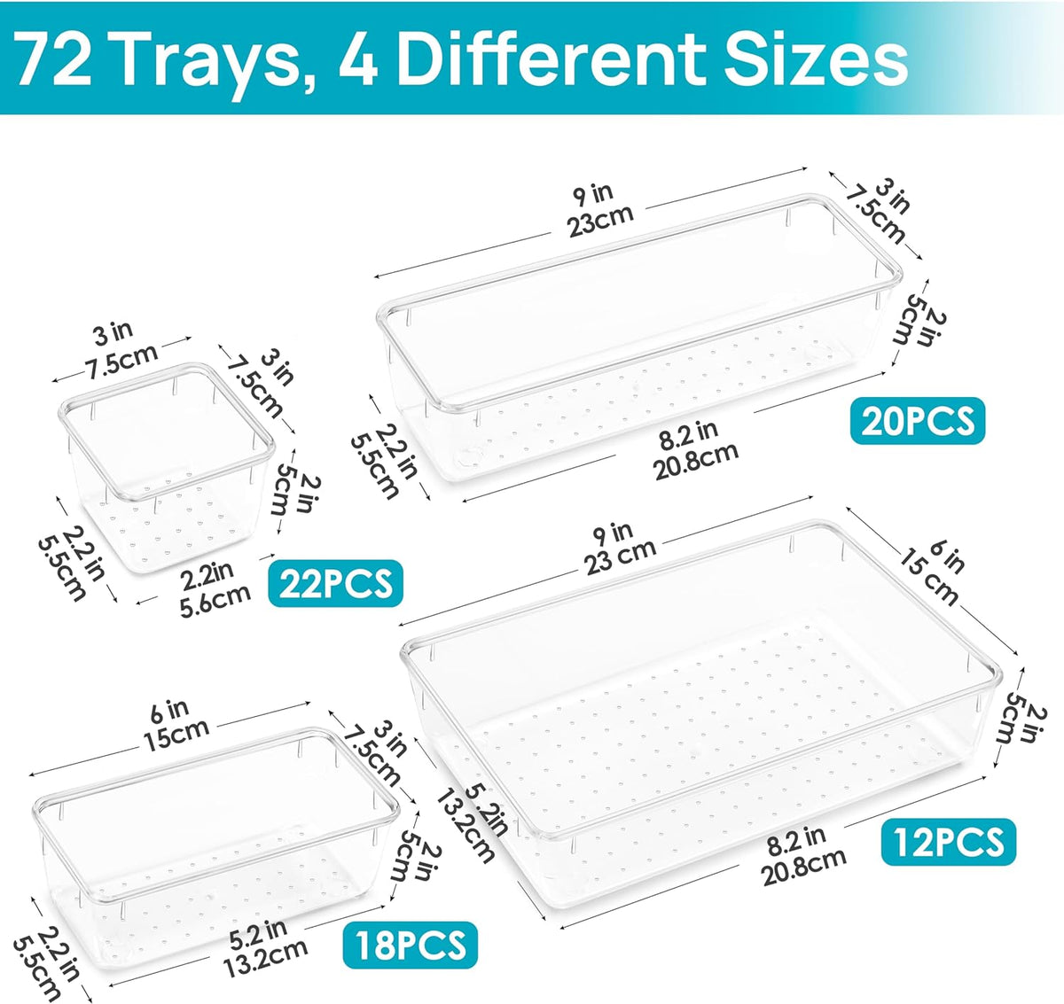 Vtopmart 72 PCS Clear Plastic Drawer Organizers Set, 4-Size Versatile Bathroom and Vanity Organizer