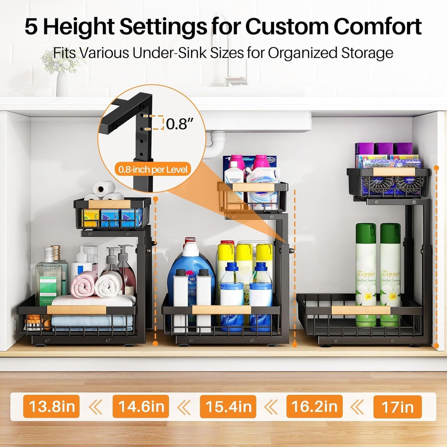 PXRACK 2 PACK Under Sink Organizer,Adjustable Height,2 Tier Pull Out Under Cabinet