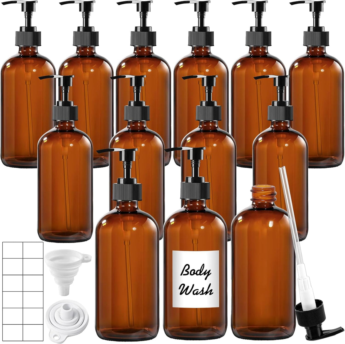 12 Pack Amber Glass Bottles 16oz with Pump Dispensers, Refillable Empty Pump Bottles for Bathroom