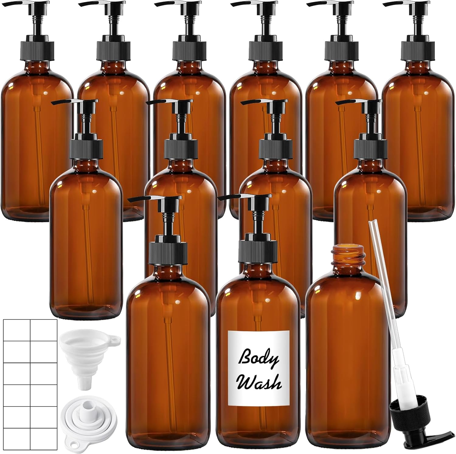 12 Pack Amber Glass Bottles 16oz with Pump Dispensers, Refillable Empty Pump Bottles for Bathroom