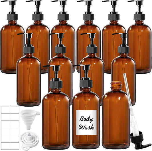 12 Pack Amber Glass Bottles 16oz with Pump Dispensers, Refillable Empty Pump Bottles for Bathroom