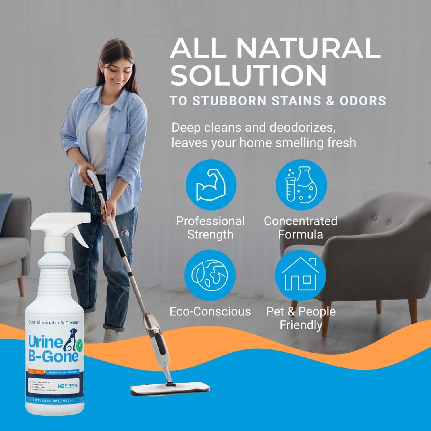 KINZUA ENVIRONMENTAL Urine B-Gone, Professional Enzyme Odor Eliminator & Pet Stain Remover, Human