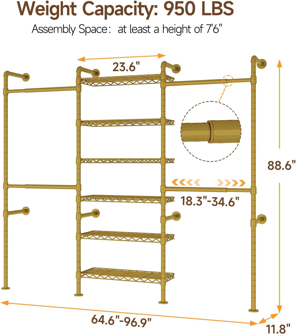 ONBRILL H3 Wall Mounted Closet System, Expandable Industrial Pipe Clothes Rack Clothing Rack for
