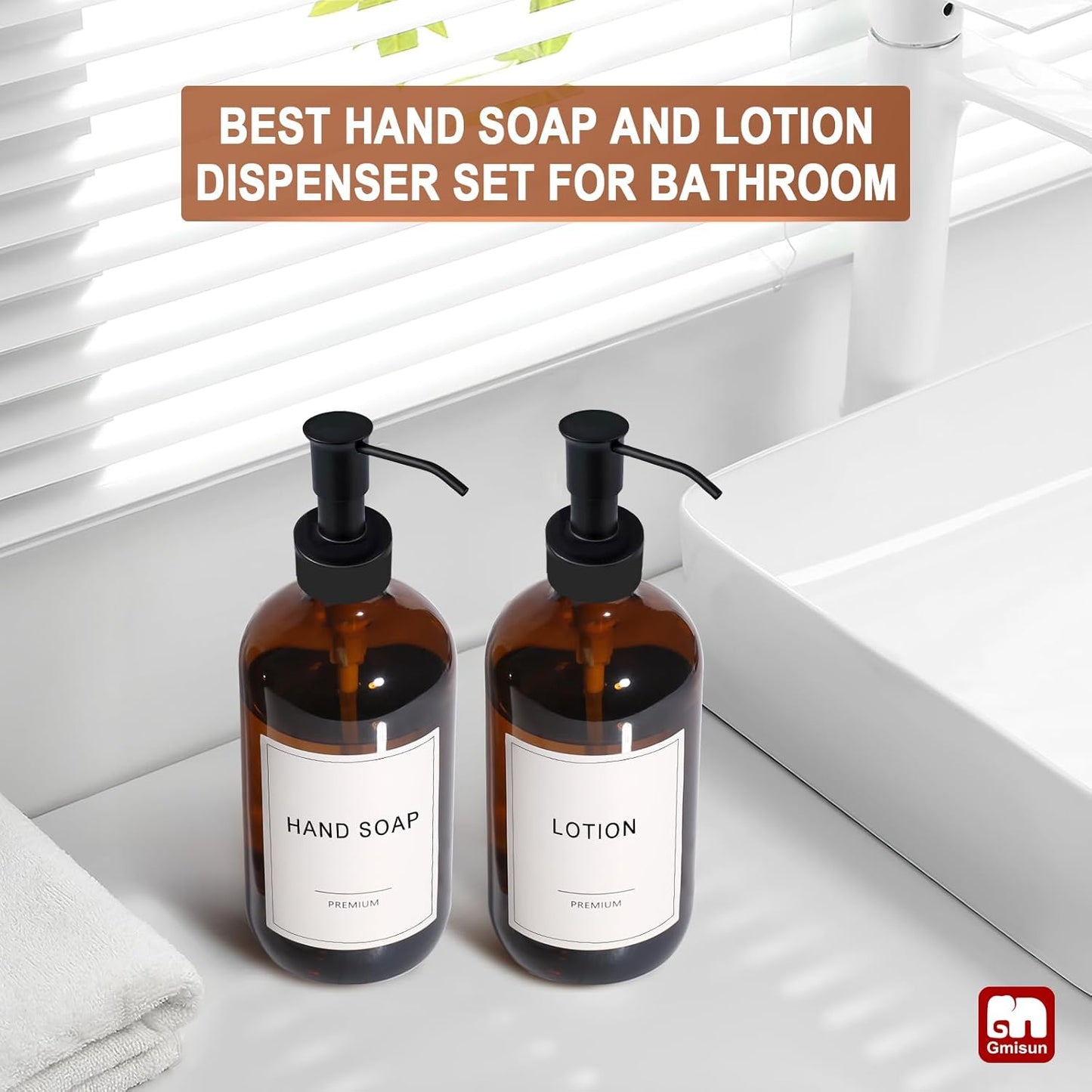 GMISUN Amber Glass Soap Dispenser, 2 Pack Bathroom Hand Soap Dispensers with Stainless Steel Pump