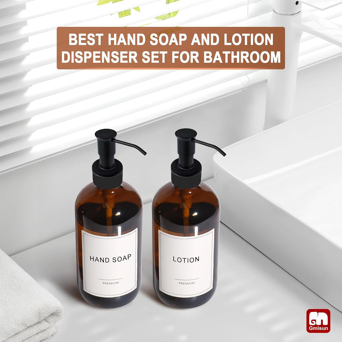 GMISUN Amber Glass Soap Dispenser, 2 Pack Bathroom Hand Soap Dispensers with Stainless Steel Pump