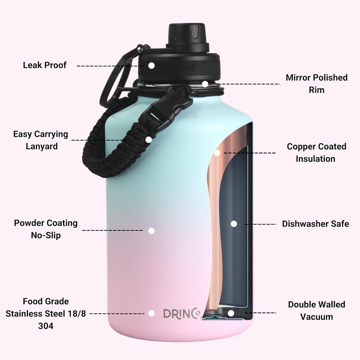 DRINCO Stainless Steel Water Bottle Spout Lid Vacuum Insulated Double Wall Water Bottle Wide Mouth