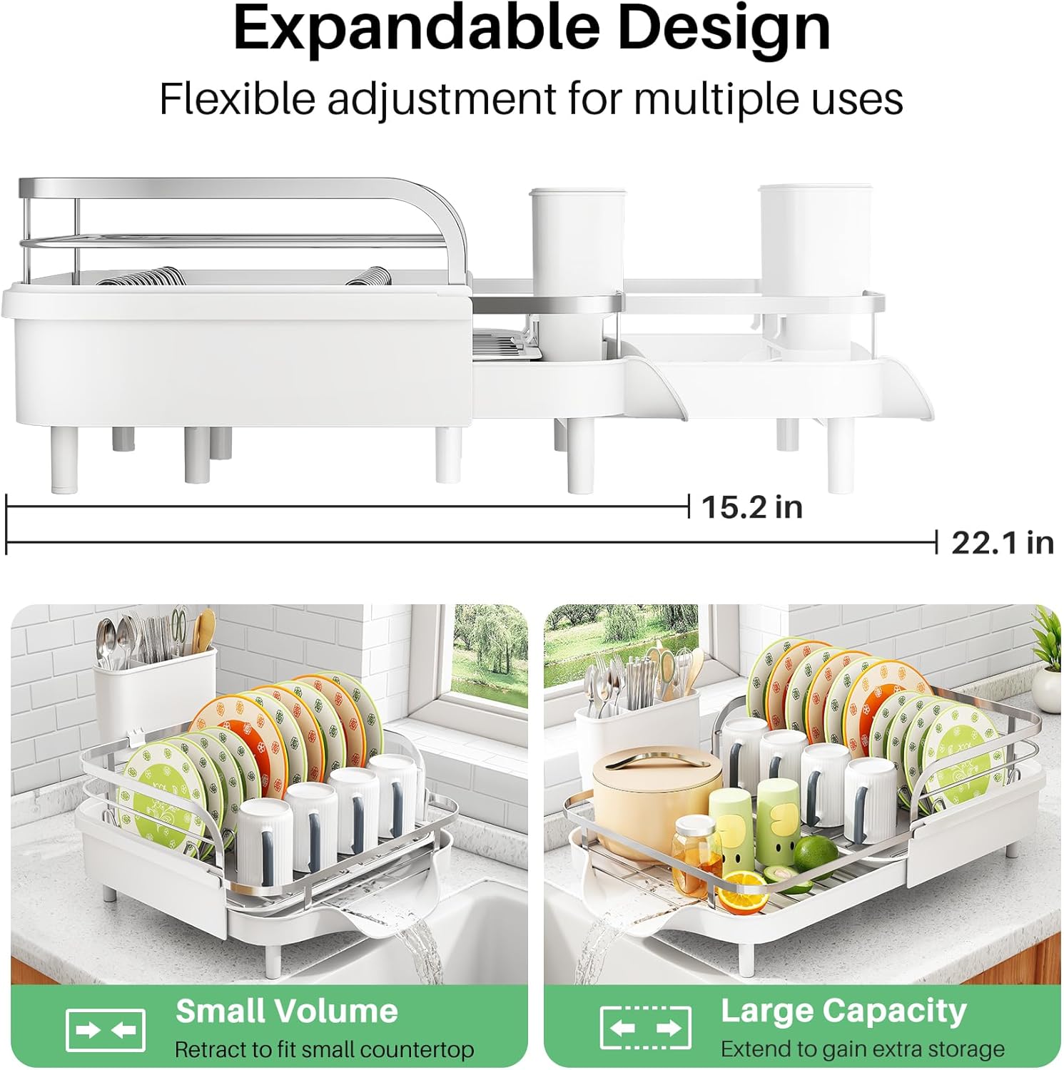 SAYZH Dish Drying Rack - Expandable Dish Rack for Kitchen Counter, Rust-Resistant Dish Drainer with