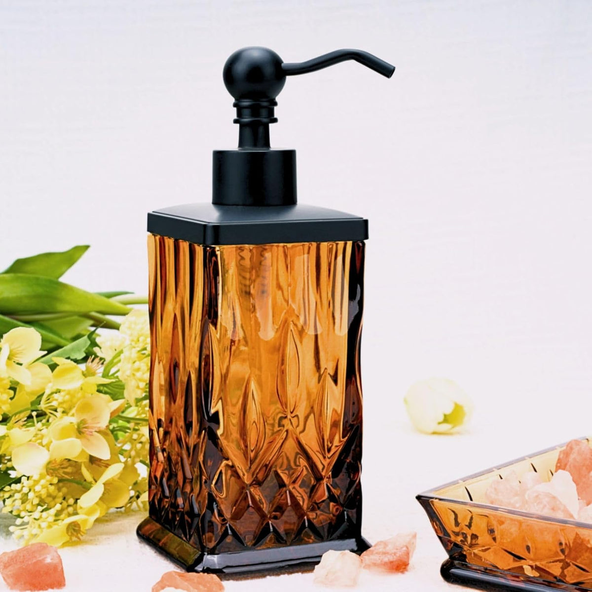 10Oz Amber Glass Soap Dispenser,Heavy Glass & Leak-Proof Rust-Resistant Pump for Kitchen Dish Soap
