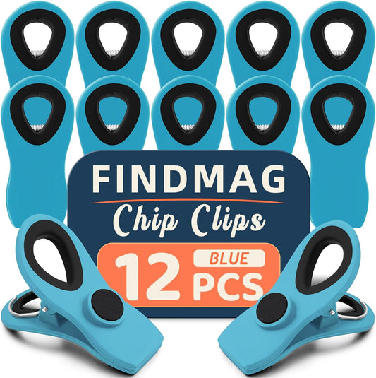 FINDMAG 12 Pack Chip Clips, Big Food Clips Blue Magnetic Clip, Magnetic Bag Clips with Airtight