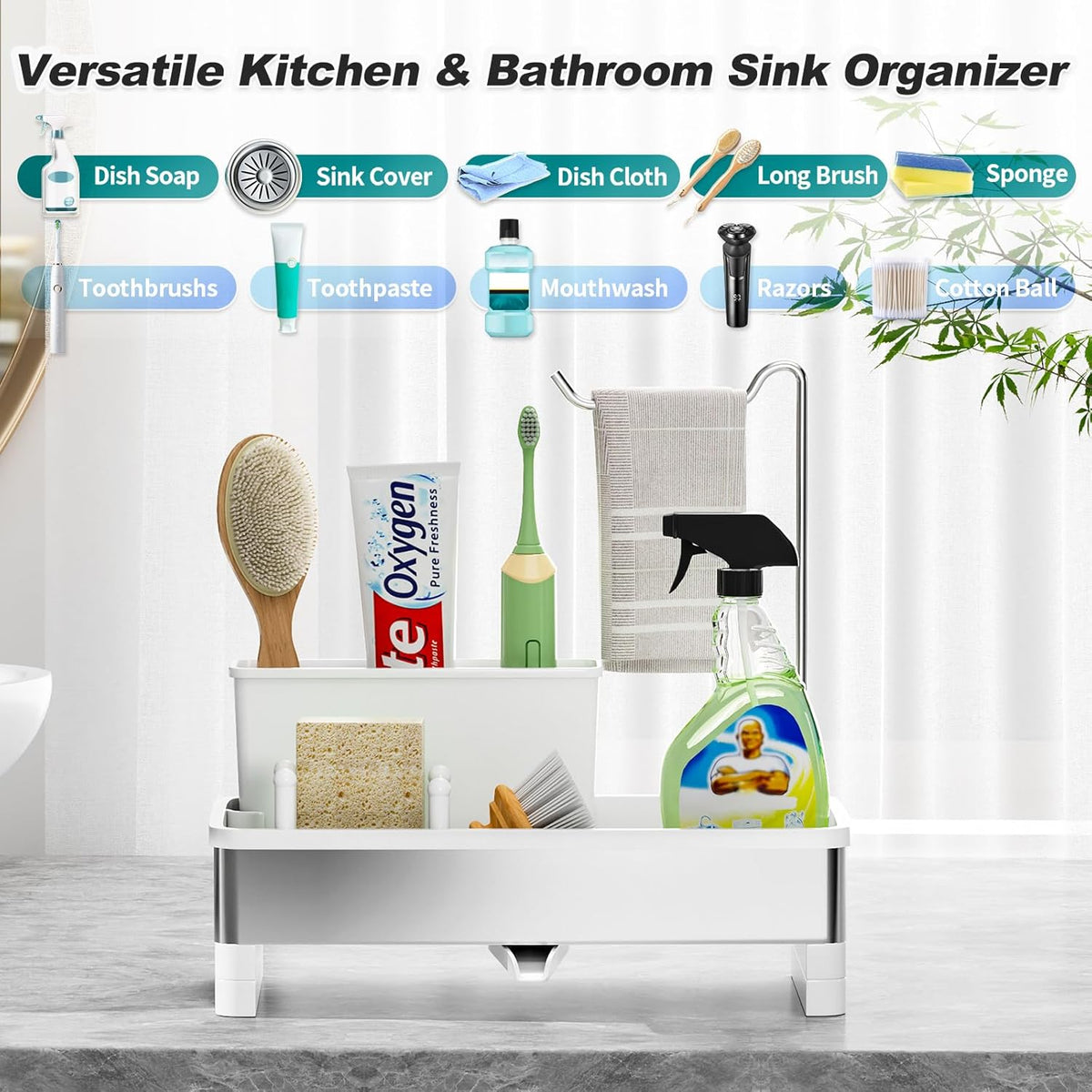 Stainless Steel Sink Caddy, Sponge Holder for Kitchen Sink with Brush Holder & Dishcloth Rack