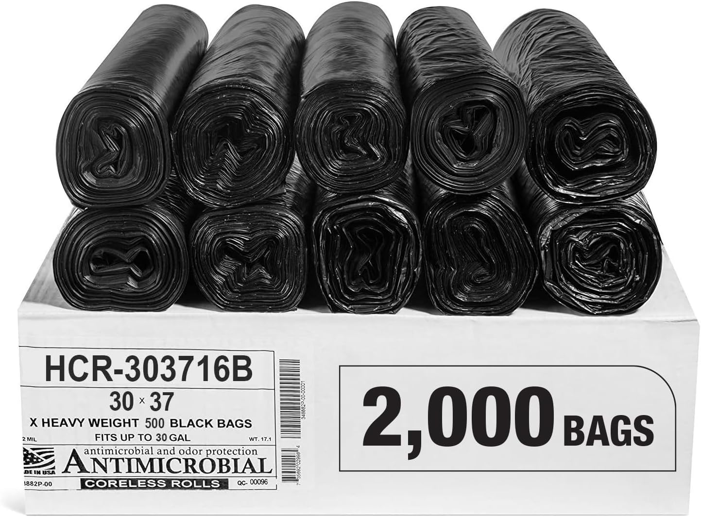 Aluf Plastics High Density Trash Bags, 30 Gallon, 2000 Count, 16 Micron (eq), 30" x 37", Black, for